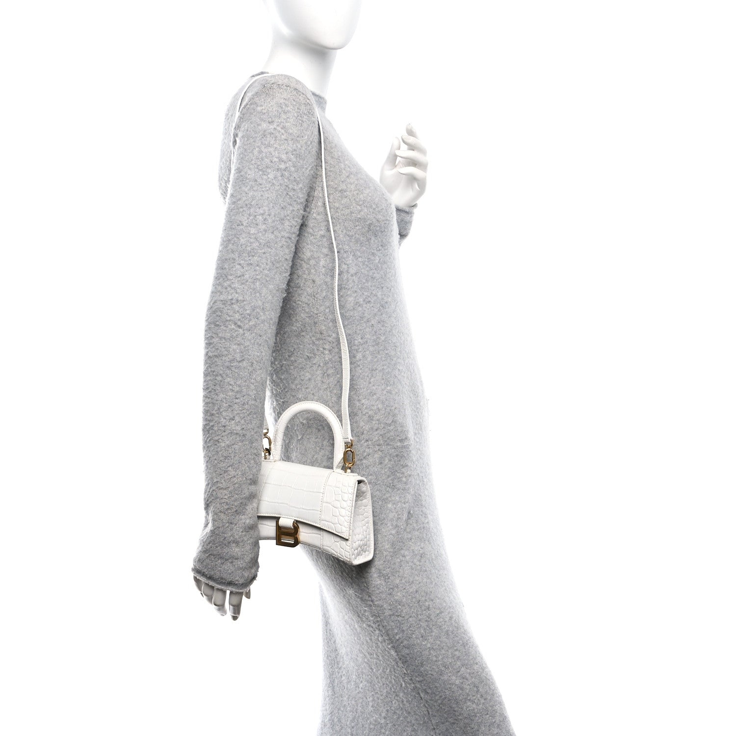 Balenciaga Shiny Calfskin Crocodile Embossed Hourglass Top Handle Bag XS White 2 of 9