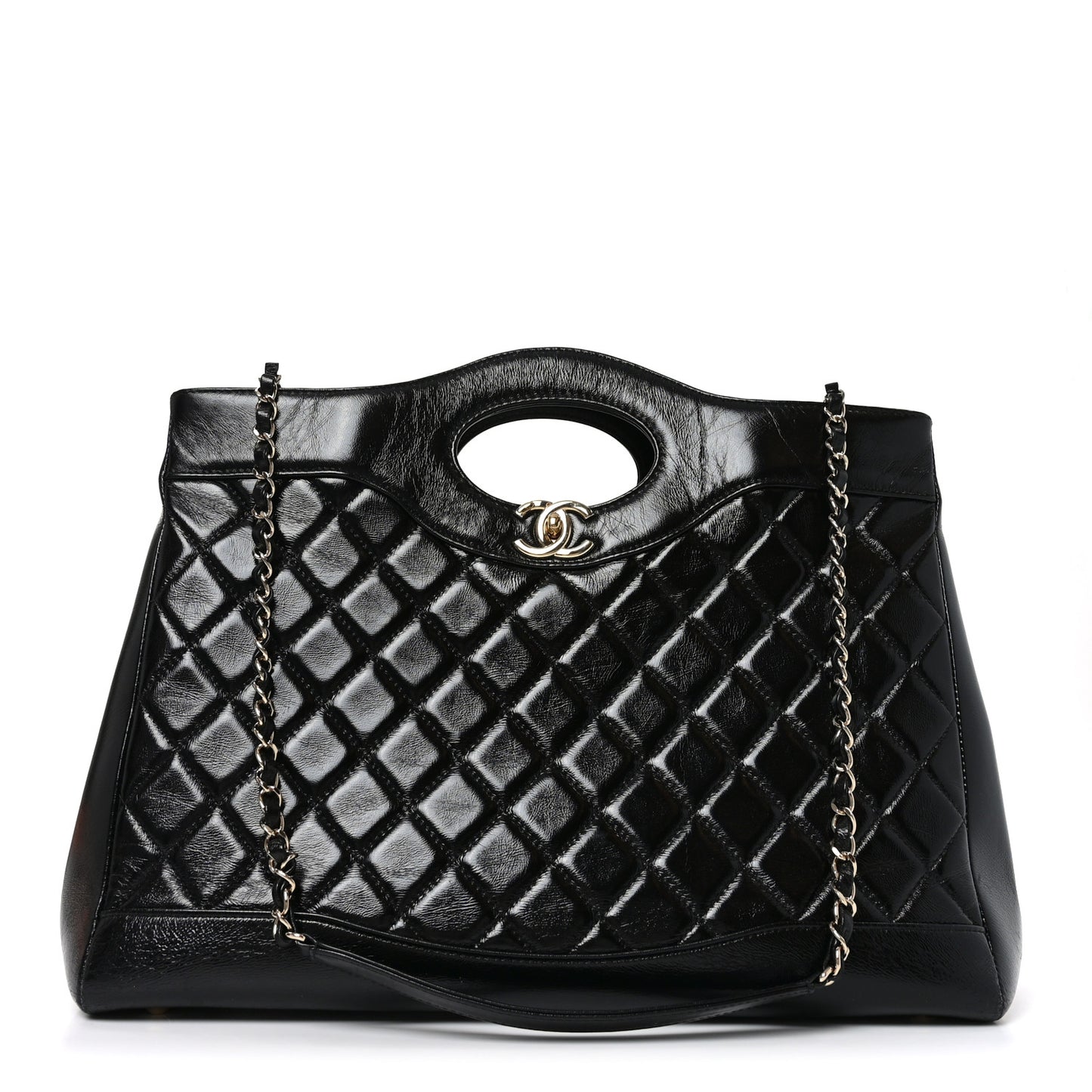 Shiny Lambskin Quilted Large 31 Shopping Bag Black