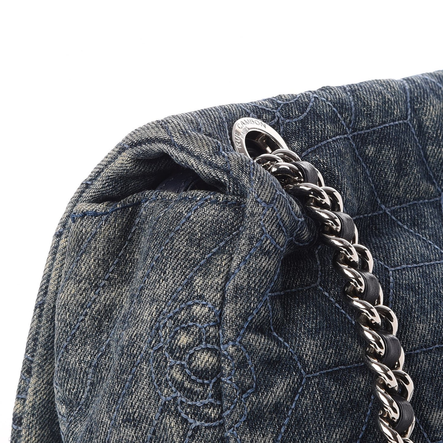 Denim Quilted Camellia Embroidered Large Flap Blue