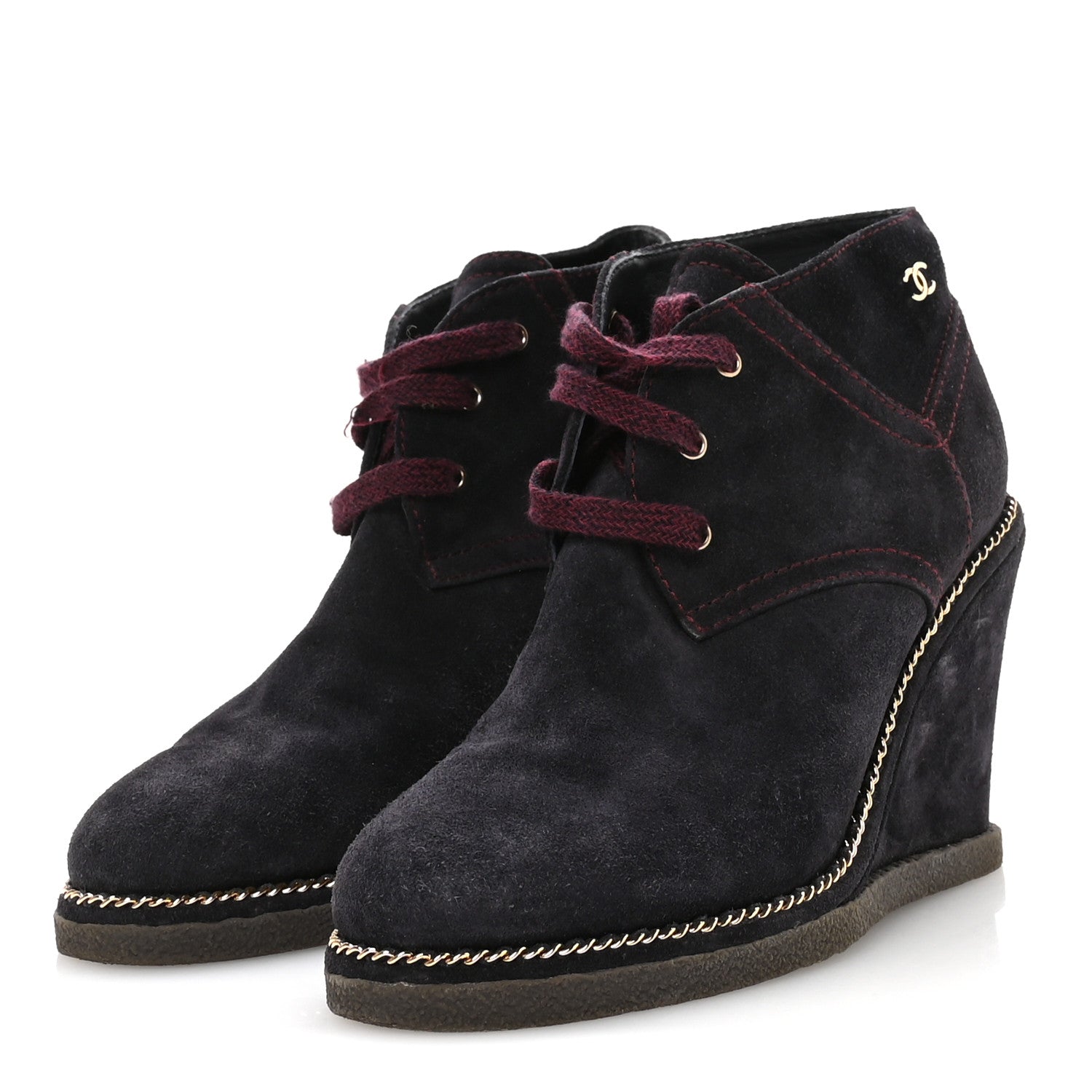 Chanel Suede Lace Up Wedge Booties 37 Dark Blue 4 of 8