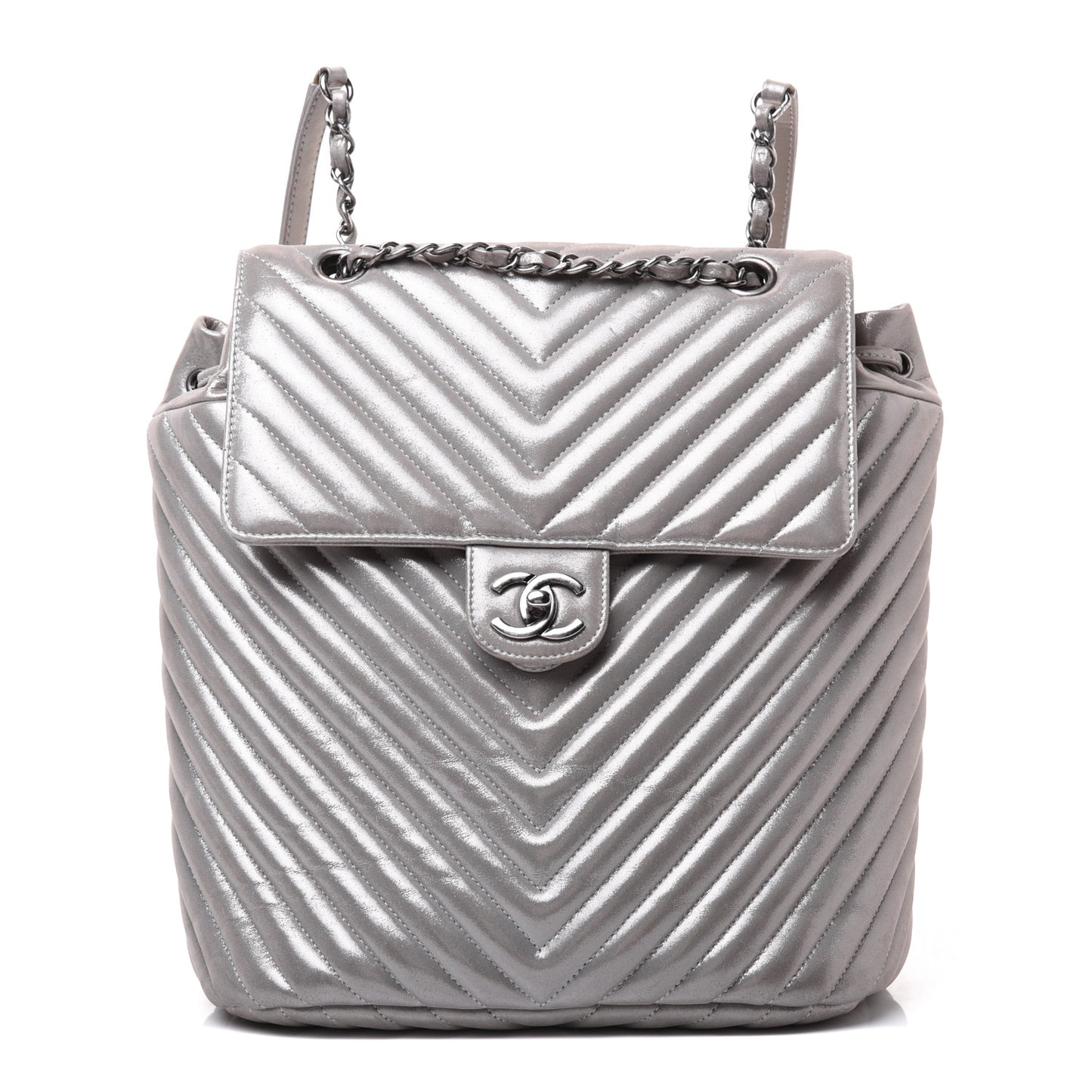 Metallic Calfskin Chevron Quilted Small Urban Spirit Backpack Silver