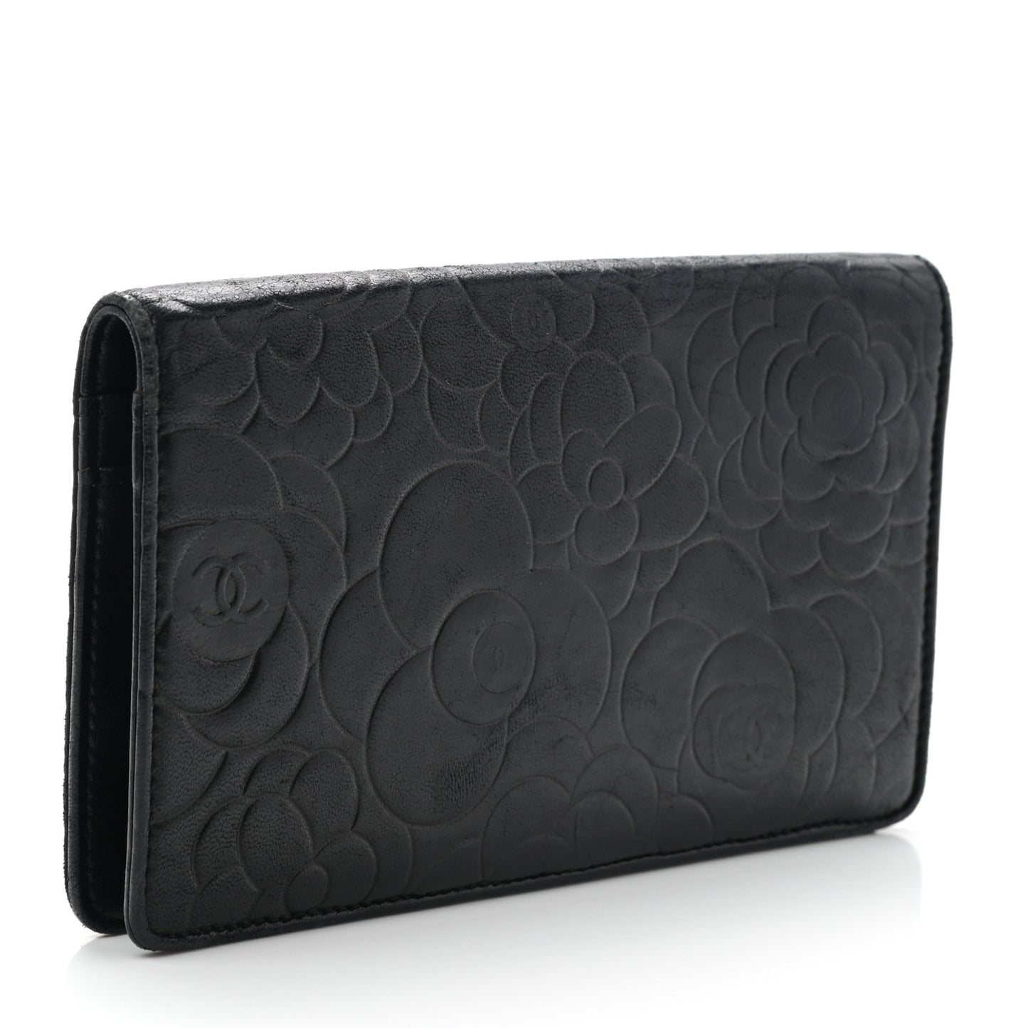 Lambskin Camellia Embossed Yen Wallet Black