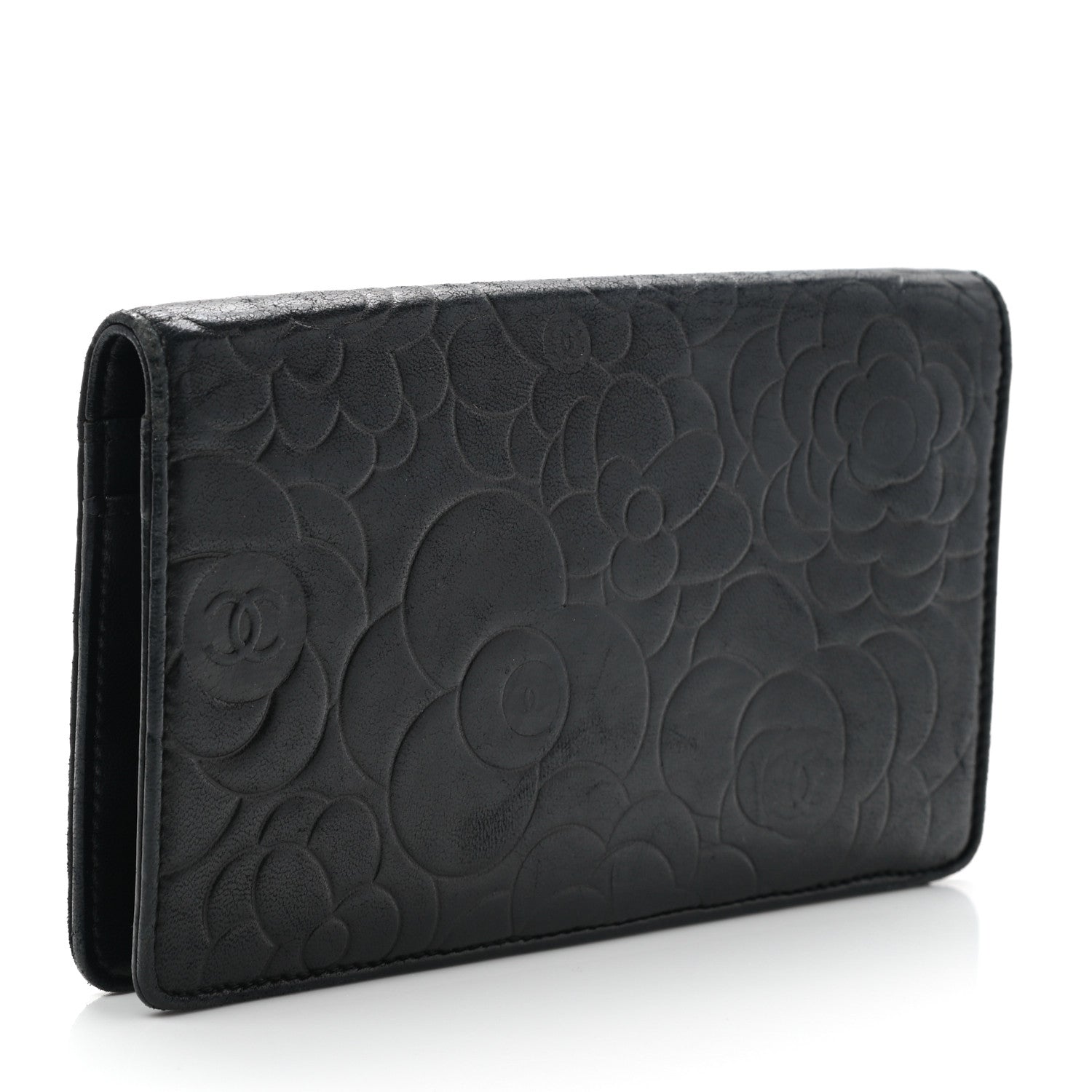 Chanel Lambskin Camellia Embossed Yen Wallet Black 3 of 13