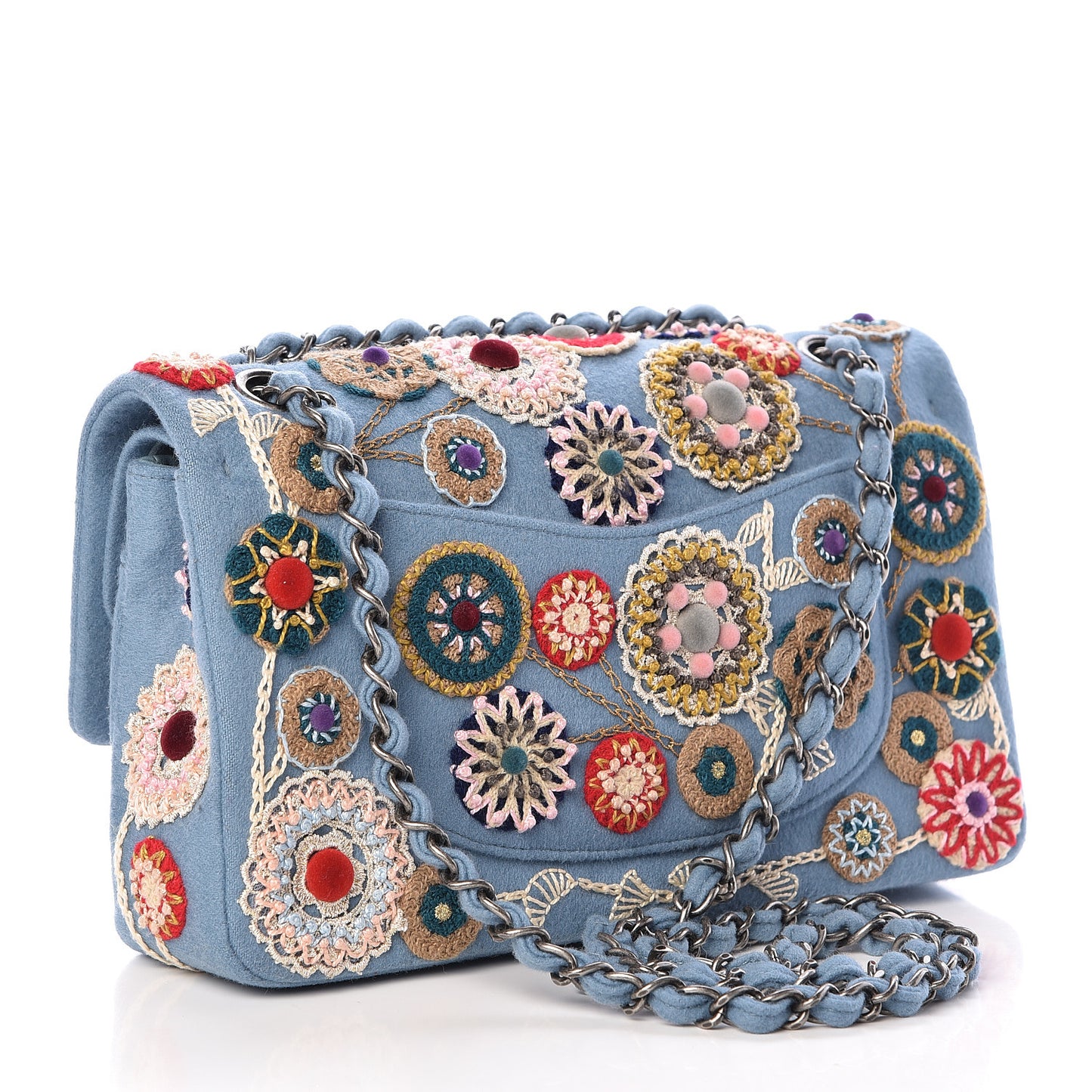 Felt Flower Embroidered Medium Double Flap Blue Multicolor