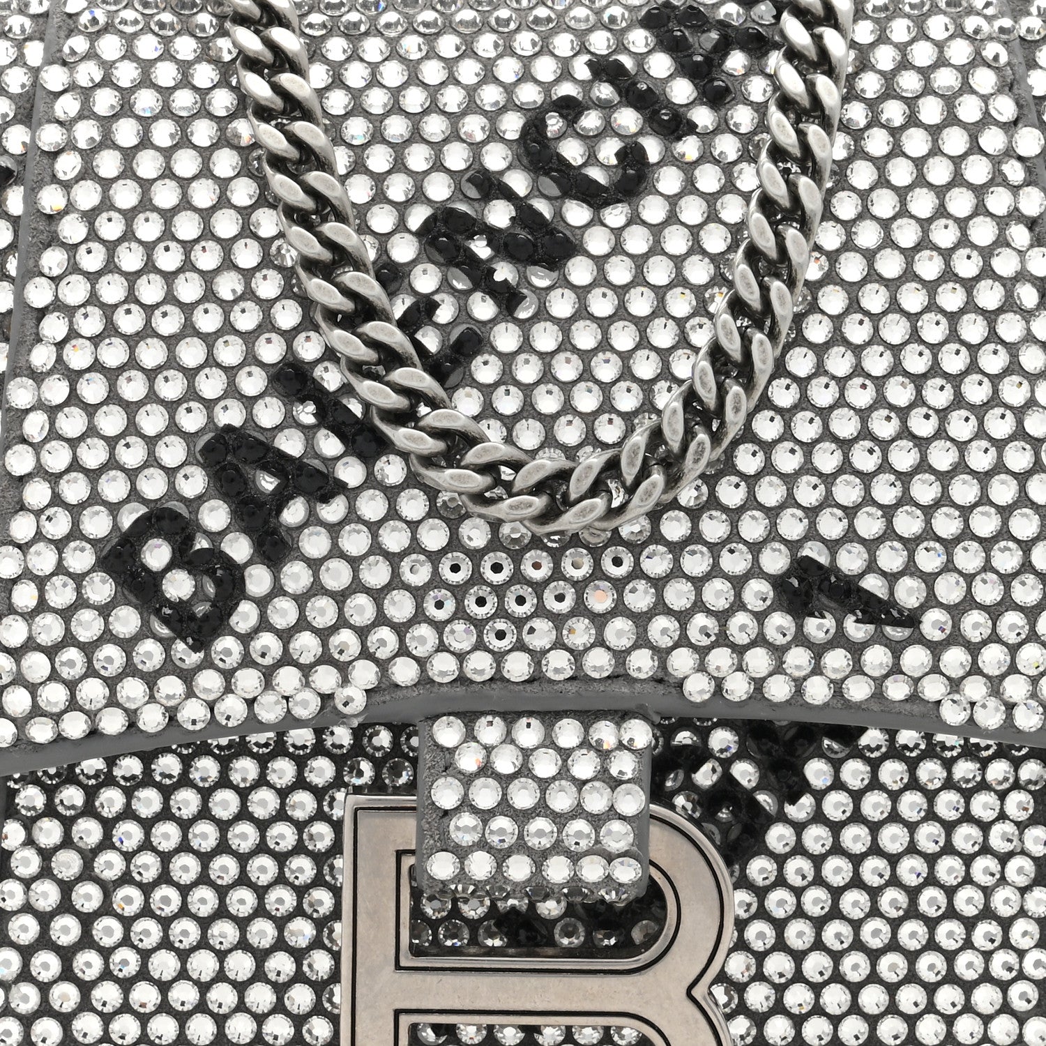 Balenciaga Strass Suede Allover Logo Hourglass Top Handle Bag XS with Chain Silver Black 7 of 9