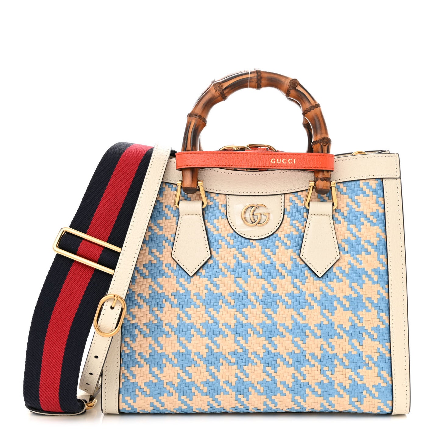Raffia Textured Dollar Calfskin Web Houndstooth Small Diana Tote Bag Light Blue Natural Deep Orange