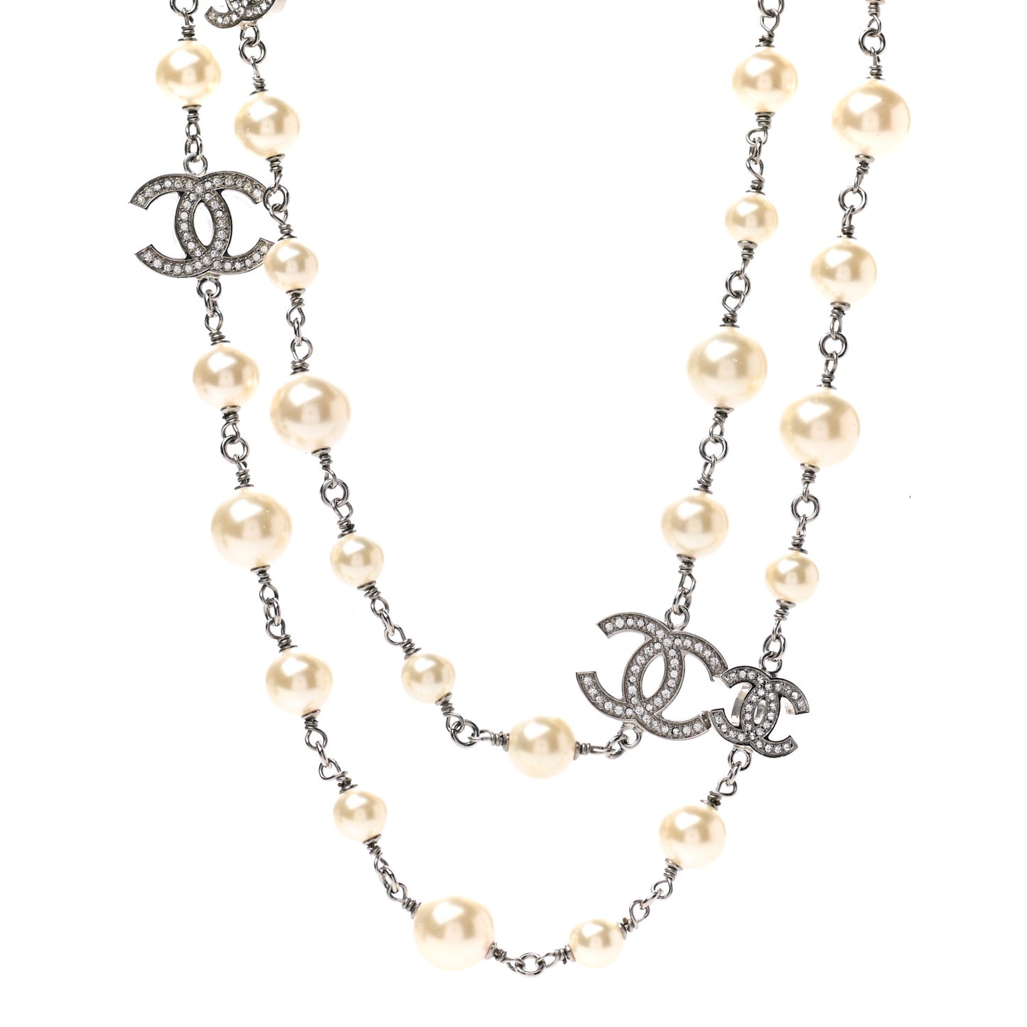Graduated Pearl Crystal CC Long Necklace Silver
