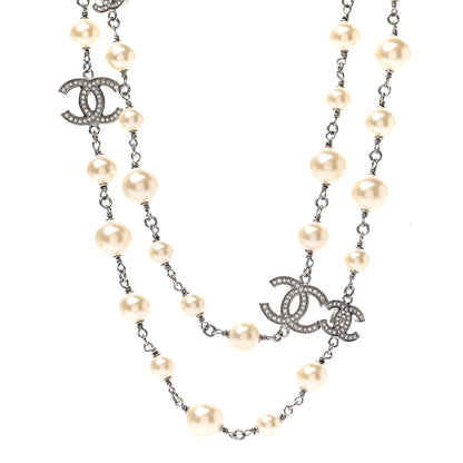 Chanel Graduated Pearl Crystal CC Long Necklace Silver 1 of 5