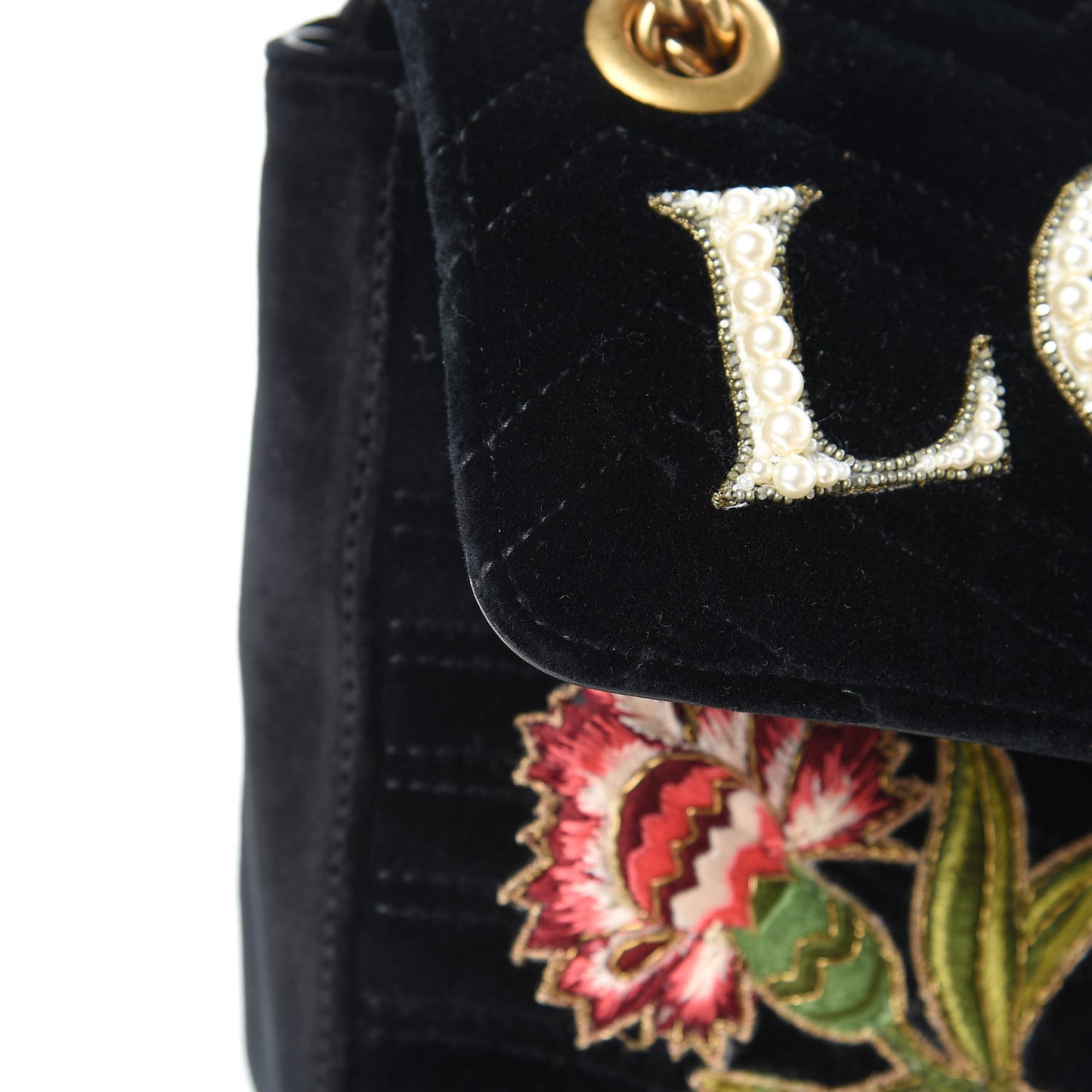 Velvet Matelasse Loved Embroidered Medium GG Marmont Shoulder Bag Black