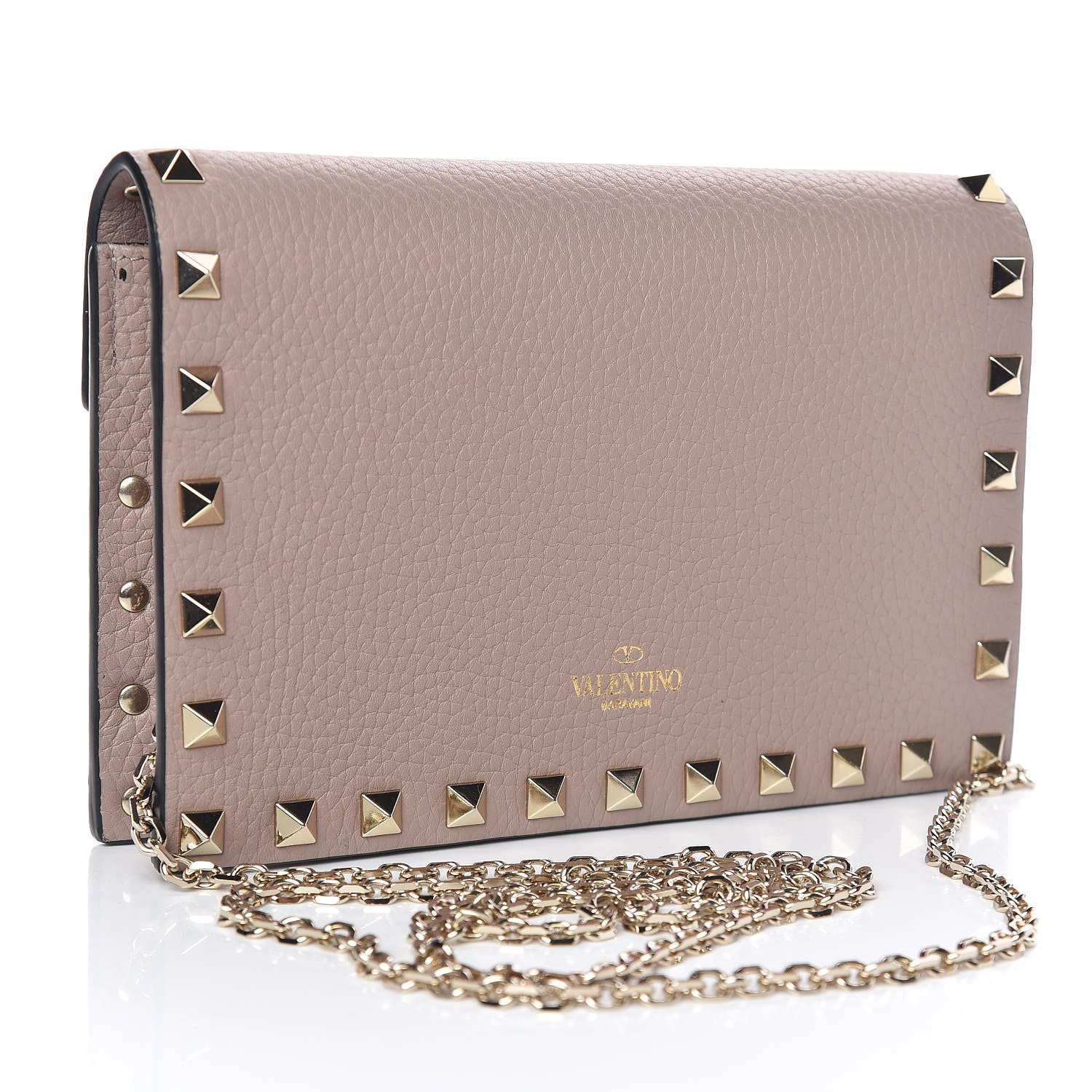 Valentino Garavani Pebbled Calfskin Rockstud Envelope Wallet on Chain Poudre 3 of 8