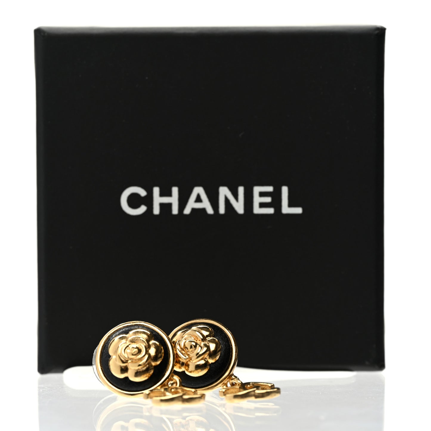 Metal Lambskin Camellia CC Drop Earrings Gold Black
