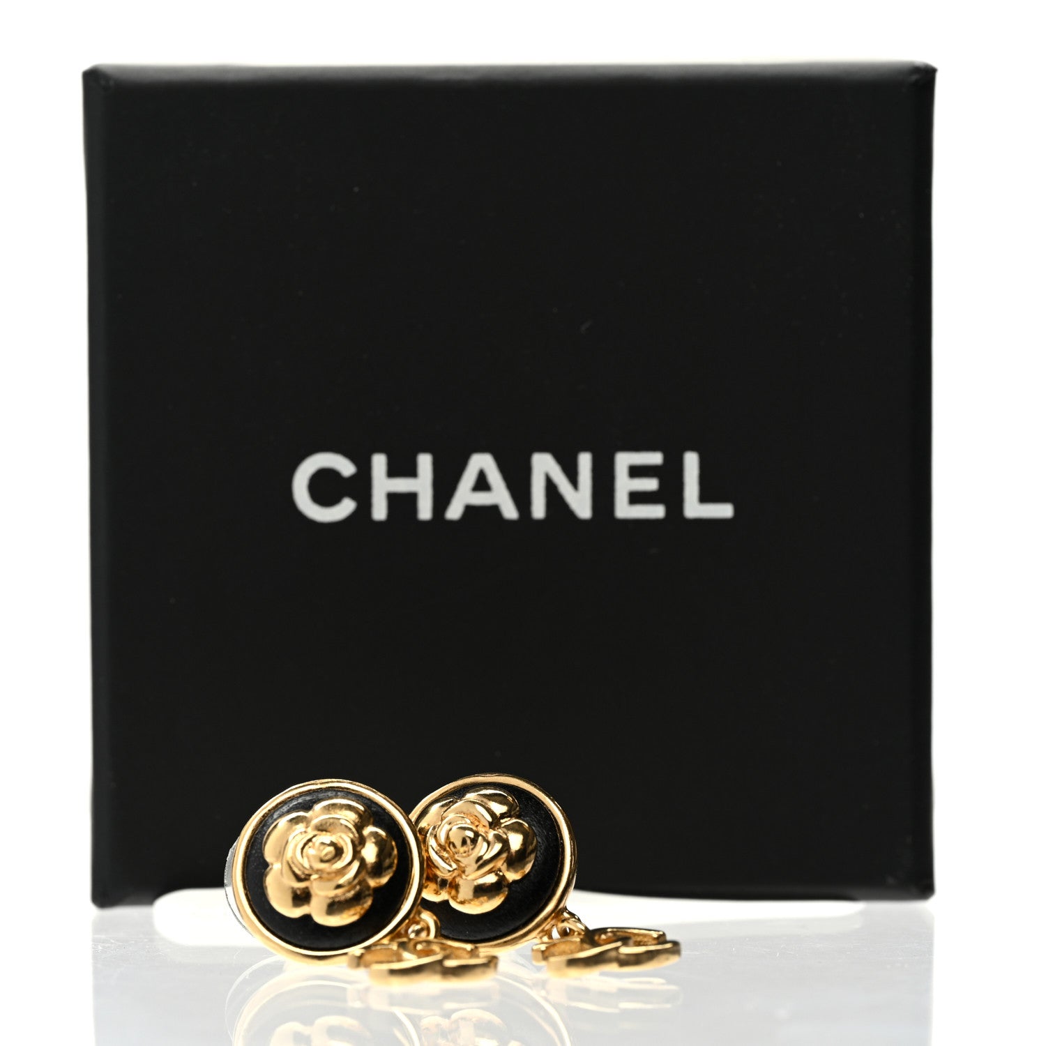 Chanel Metal Lambskin Camellia CC Drop Earrings Gold Black 5 of 5
