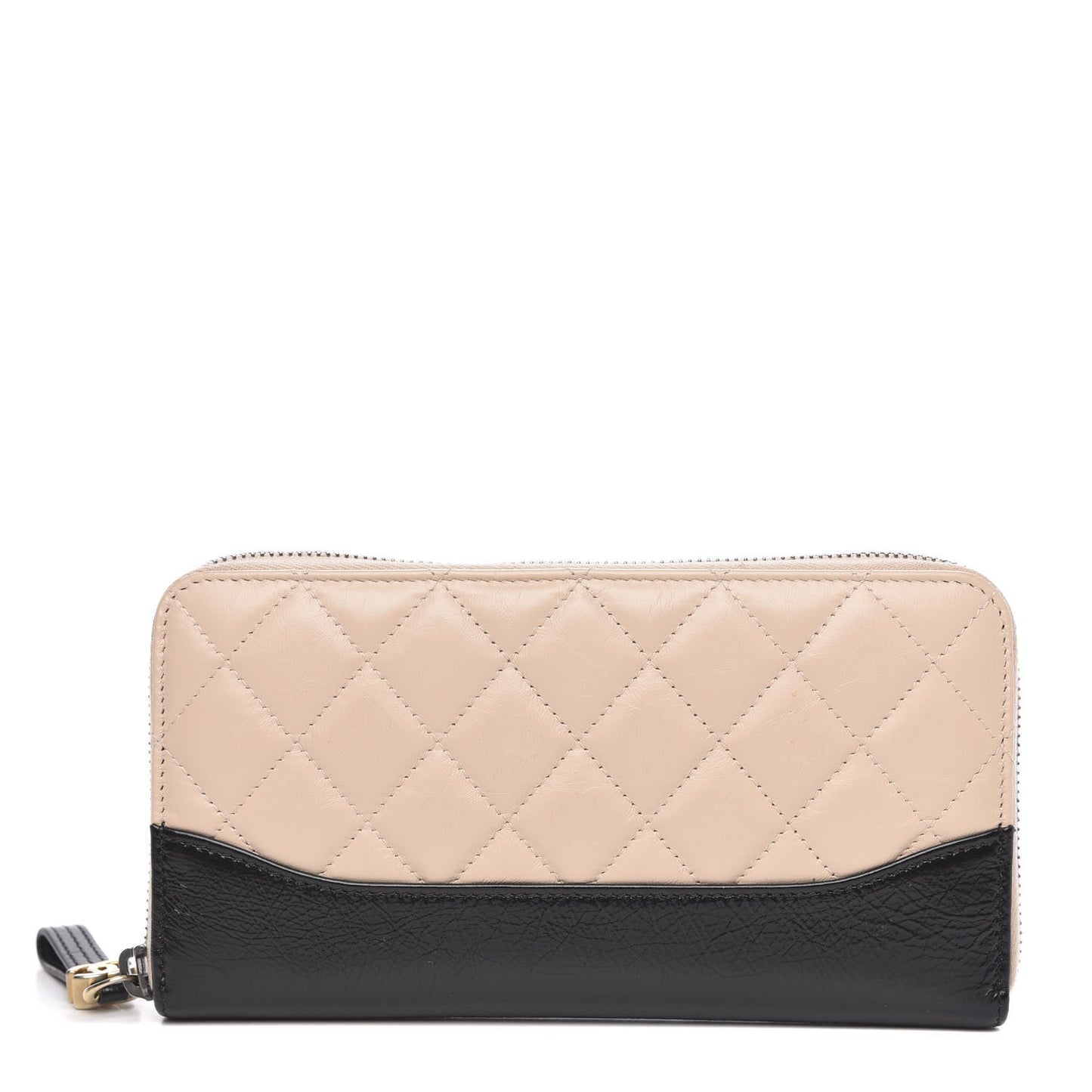 Aged Calfskin Quilted Large Gabrielle Zip Around Wallet Beige Black