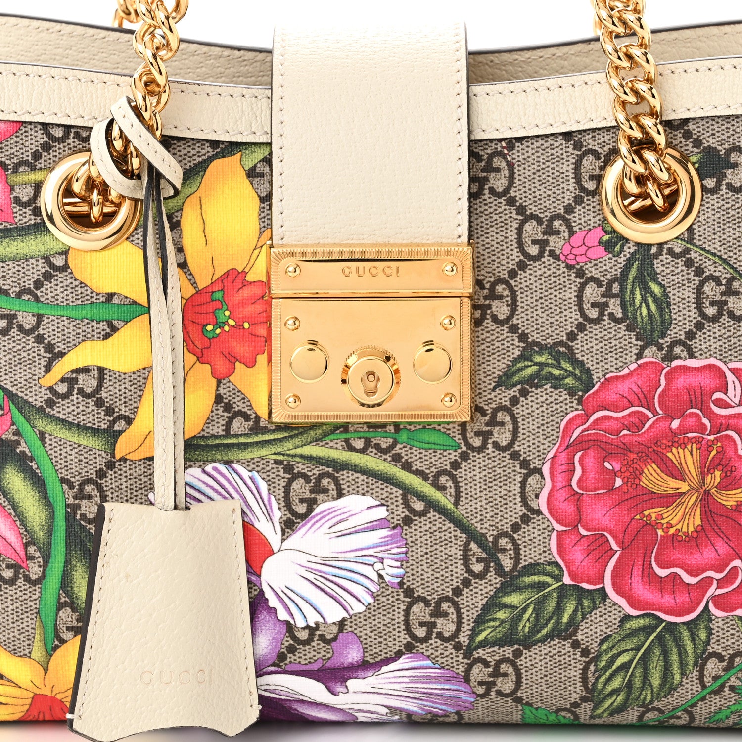 Gucci GG Supreme Monogram Flora Textured Calfskin Small Padlock Tote Beige Ebony Multicolor Mystic White 8 of 12