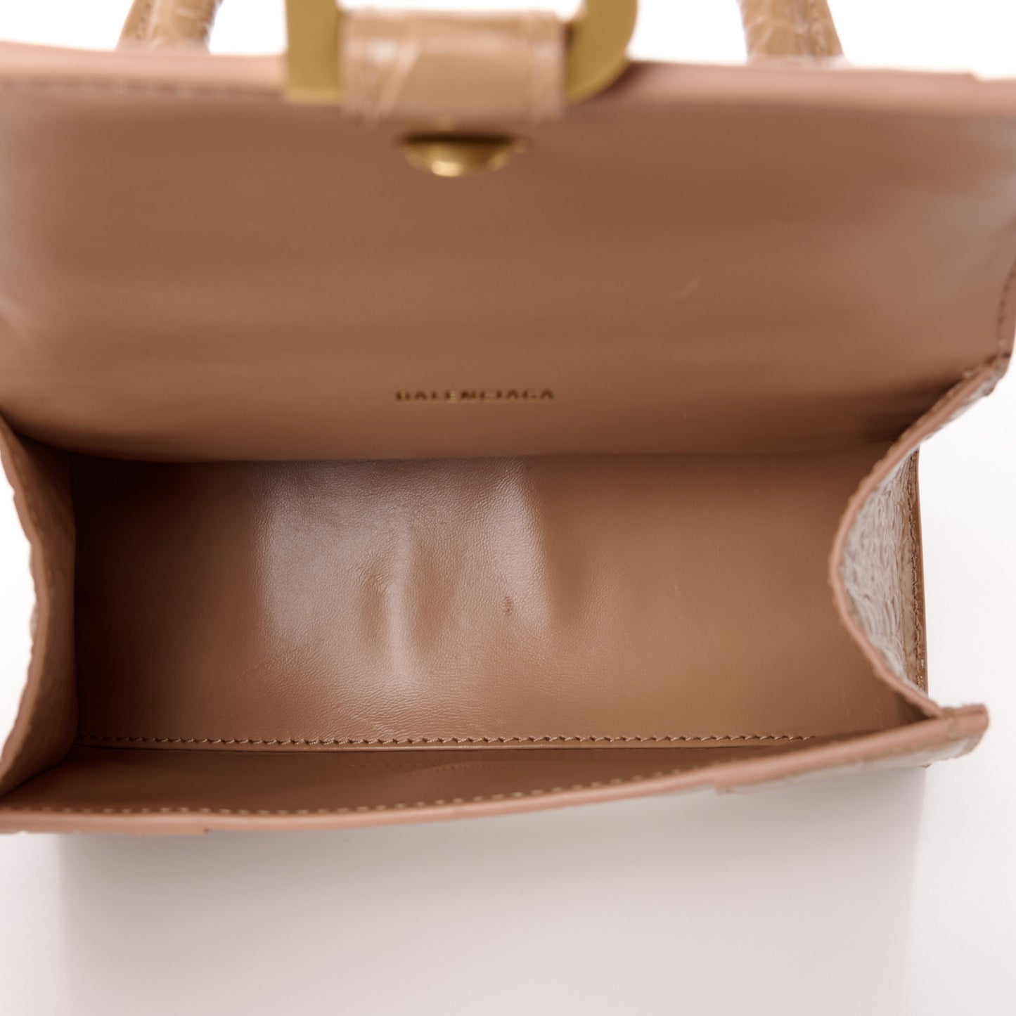 Shiny Calfskin Crocodile Embossed Hourglass Top Handle Bag XS Nude Beige