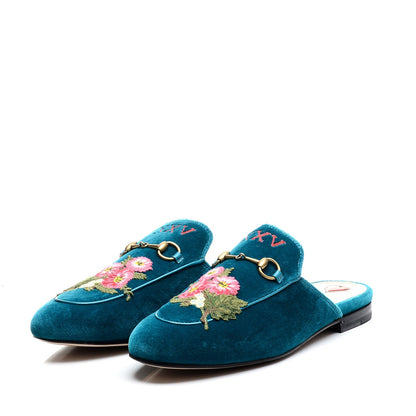 Gucci Velvet Floral Embroidered Womens Princetown Slippers 40 Pavone 3 of 10