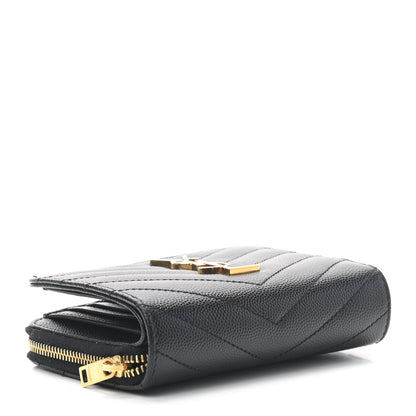 Saint Laurent Grain De Poudre Matelasse Chevron Monogram Compact Zip Around Wallet Black 4 of 7