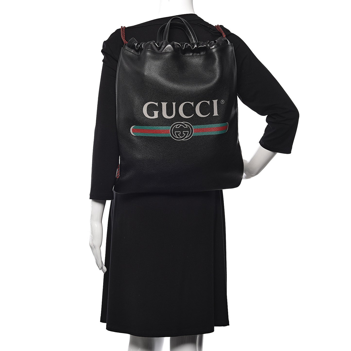 Calfskin Logo Drawstring Backpack Black