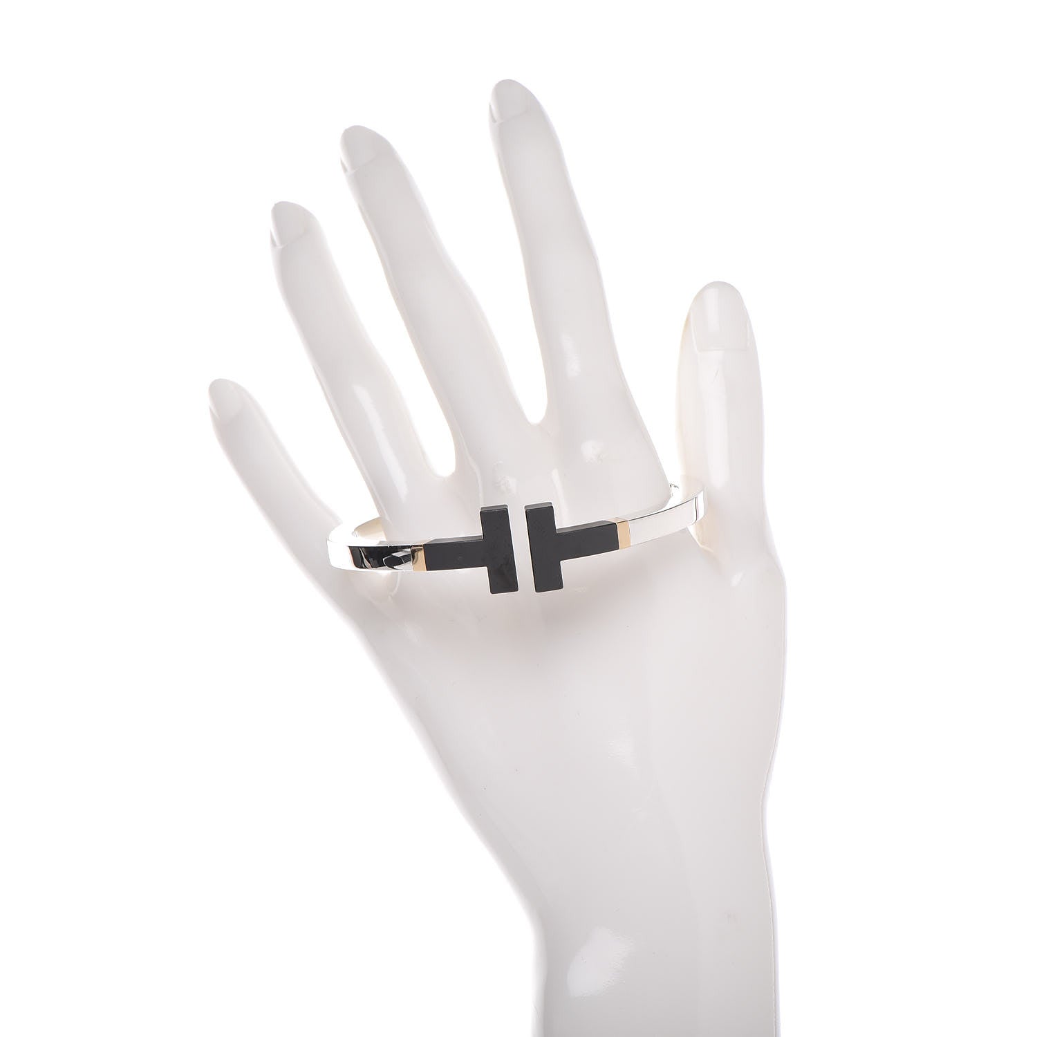 Tiffany Sterling Silver 18K Yellow Gold Black Ceramic T Square Bracelet 2 of 5