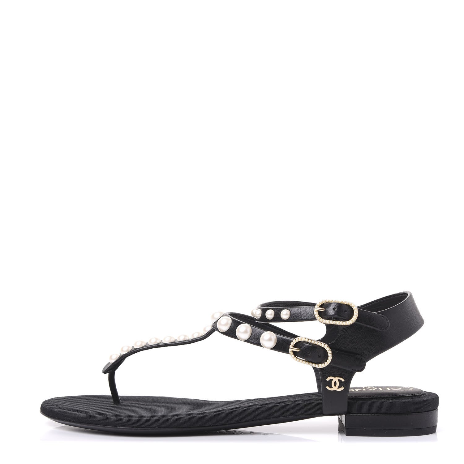 Chanel Lambskin Pearl Thong Sandals 37 Black 1 of 8