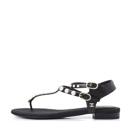 Chanel Lambskin Pearl Thong Sandals 37 Black 1 of 8