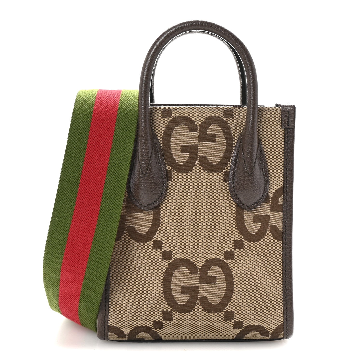 Gucci Monogram Jumbo GG Textured Dollar Calfskin Web Mini Vertical Tote Camel Ebony New Acero 1 of 9