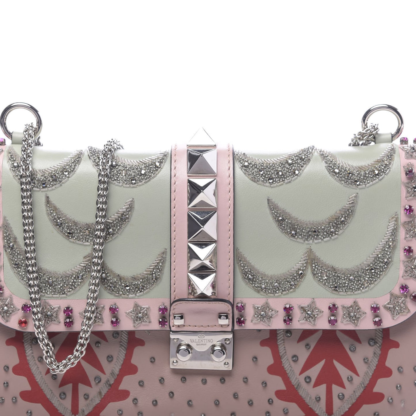 Vitello Crystal Embellished Medium Glam Lock Rockstud Flap Poudre