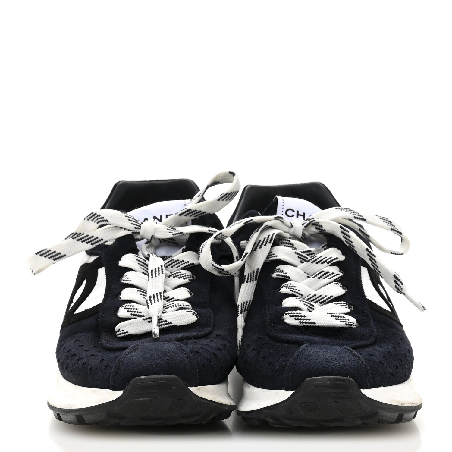 Chanel Fabric Suede Kidskin CC Sneakers 37.5 Dark Navy White 3 of 12