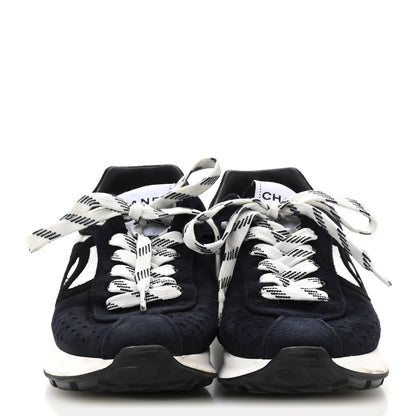 Chanel Fabric Suede Kidskin CC Sneakers 37.5 Dark Navy White 3 of 12