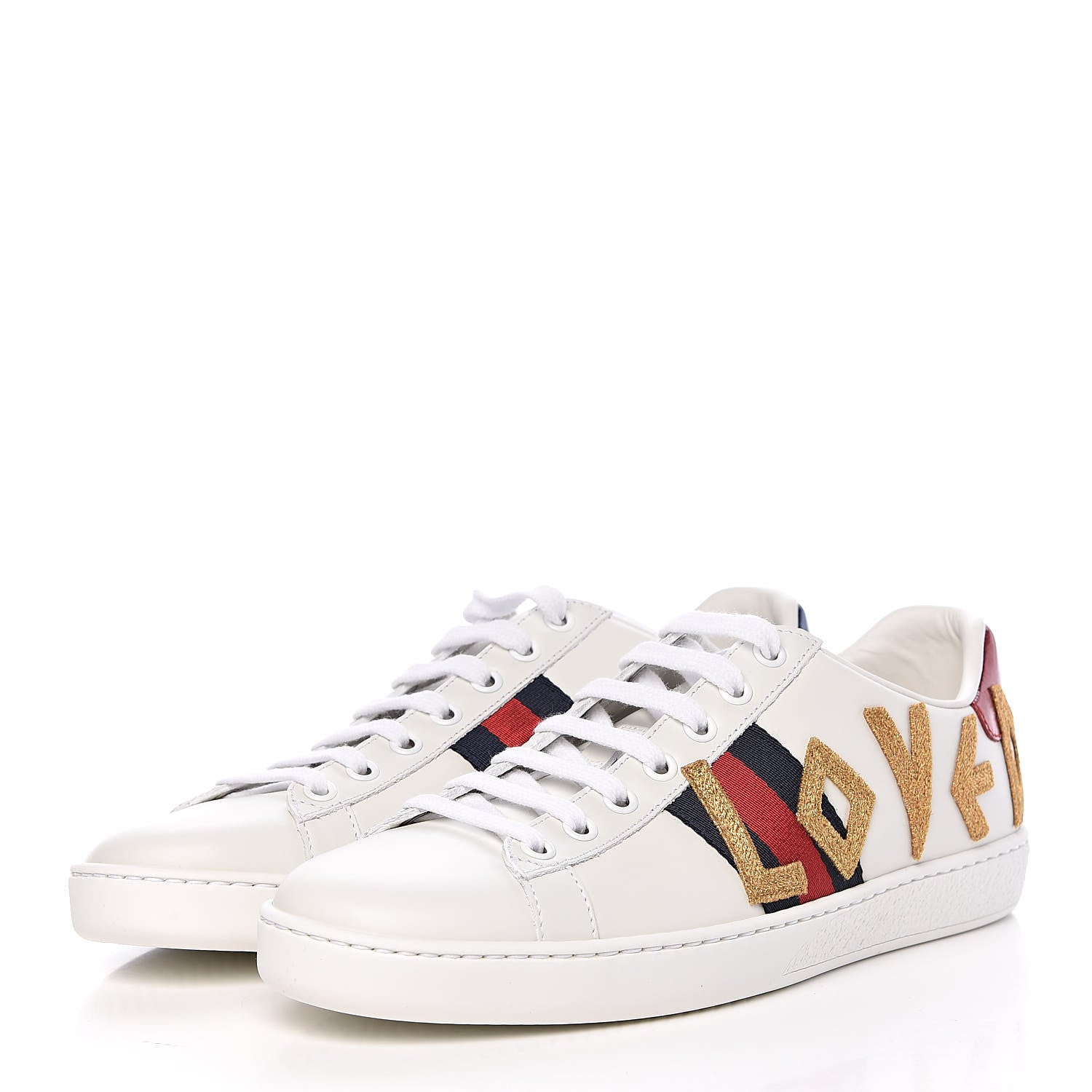 Gucci Calfskin Nappa Web LOVED Embroidered Womens Ace Sneakers 37.5 White Red Flame Notte 3 of 13
