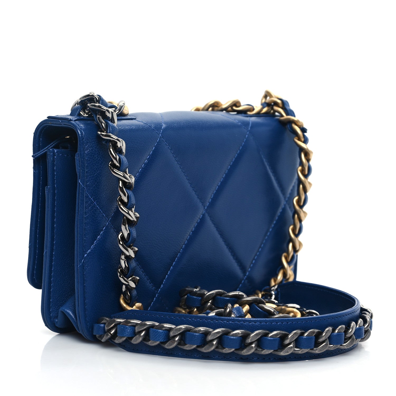 Chanel Shiny Goatskin Quilted Chanel 19 Wallet On Chain WOC Blue