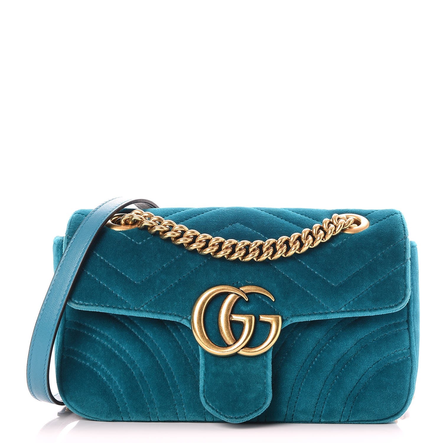 Gucci Velvet Matelasse Mini GG Marmont Shoulder Bag Pavone Cyan 1 of 7