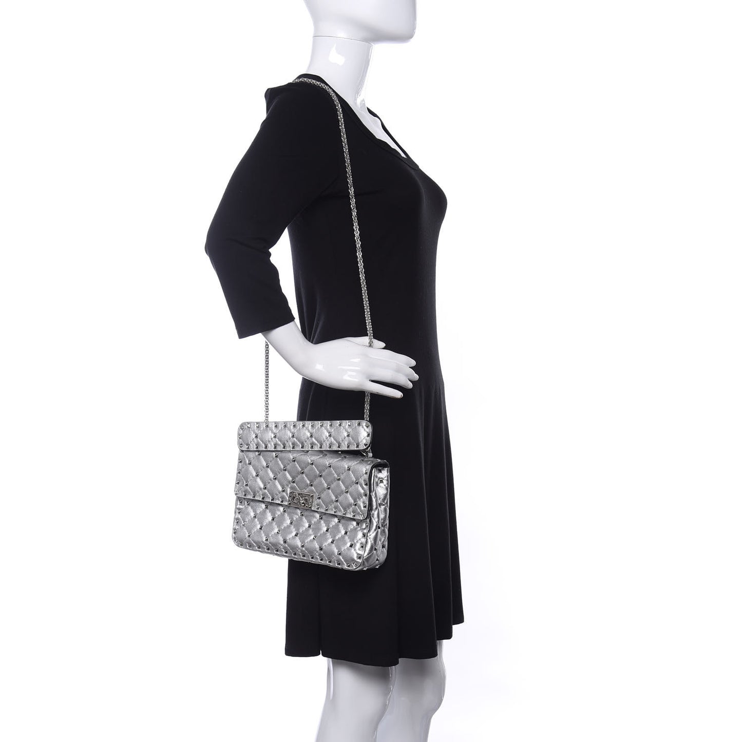 Metallic Nappa Medium Rockstud Spike Shoulder Bag Silver