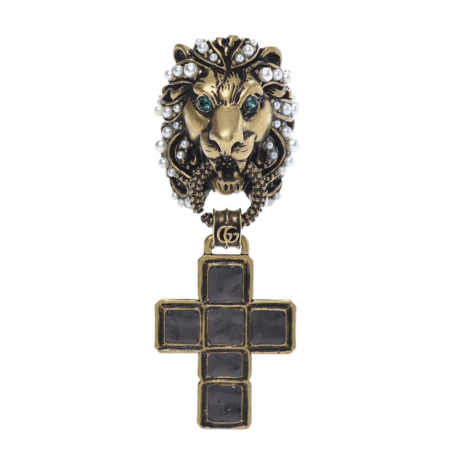 Gucci Metal Crystal Pearl Lion Head Crucifix Ring S Gold Black 1 of 9