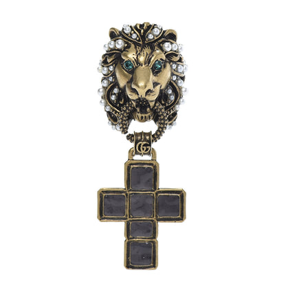 Gucci Metal Crystal Pearl Lion Head Crucifix Ring S Gold Black 1 of 9