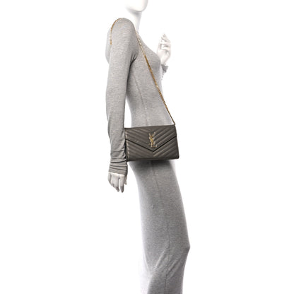Saint Laurent Grain De Poudre Matelasse Chevron Monogram Chain Wallet Fog 2 of 11