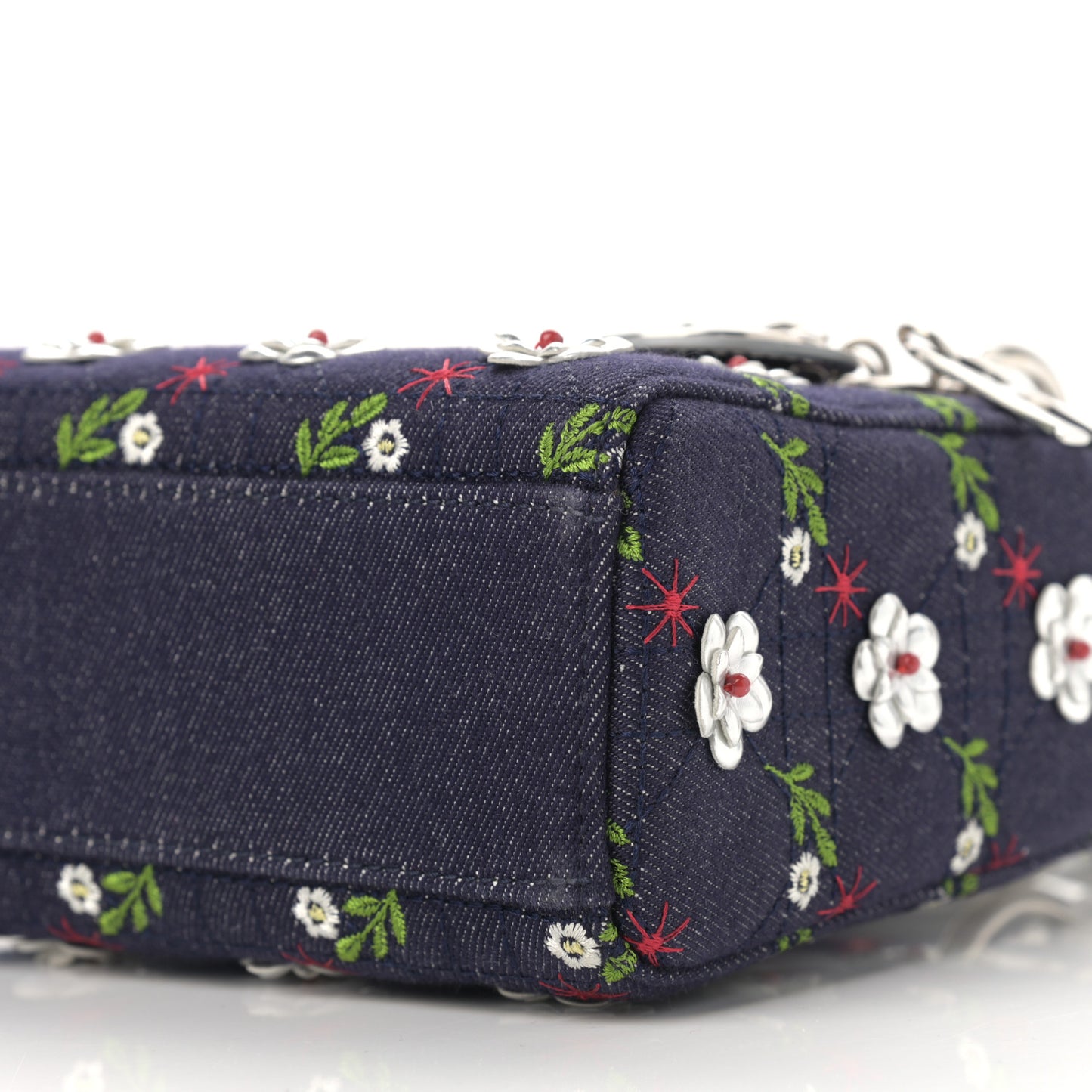 Denim Cannage Floral Embroidered Mini Lady Dior Blue