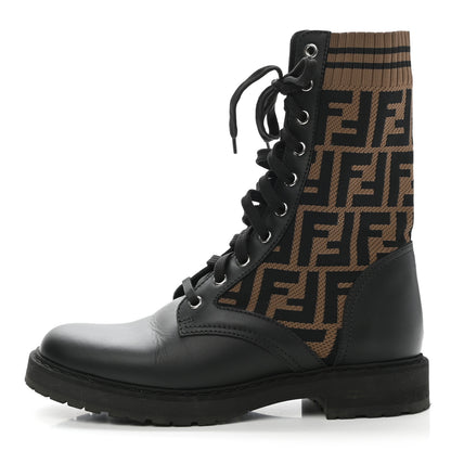Fendi Calfskin Stretch Fabric FF Rockoko Biker Boots 36.5 Black Tobacco 1 of 7