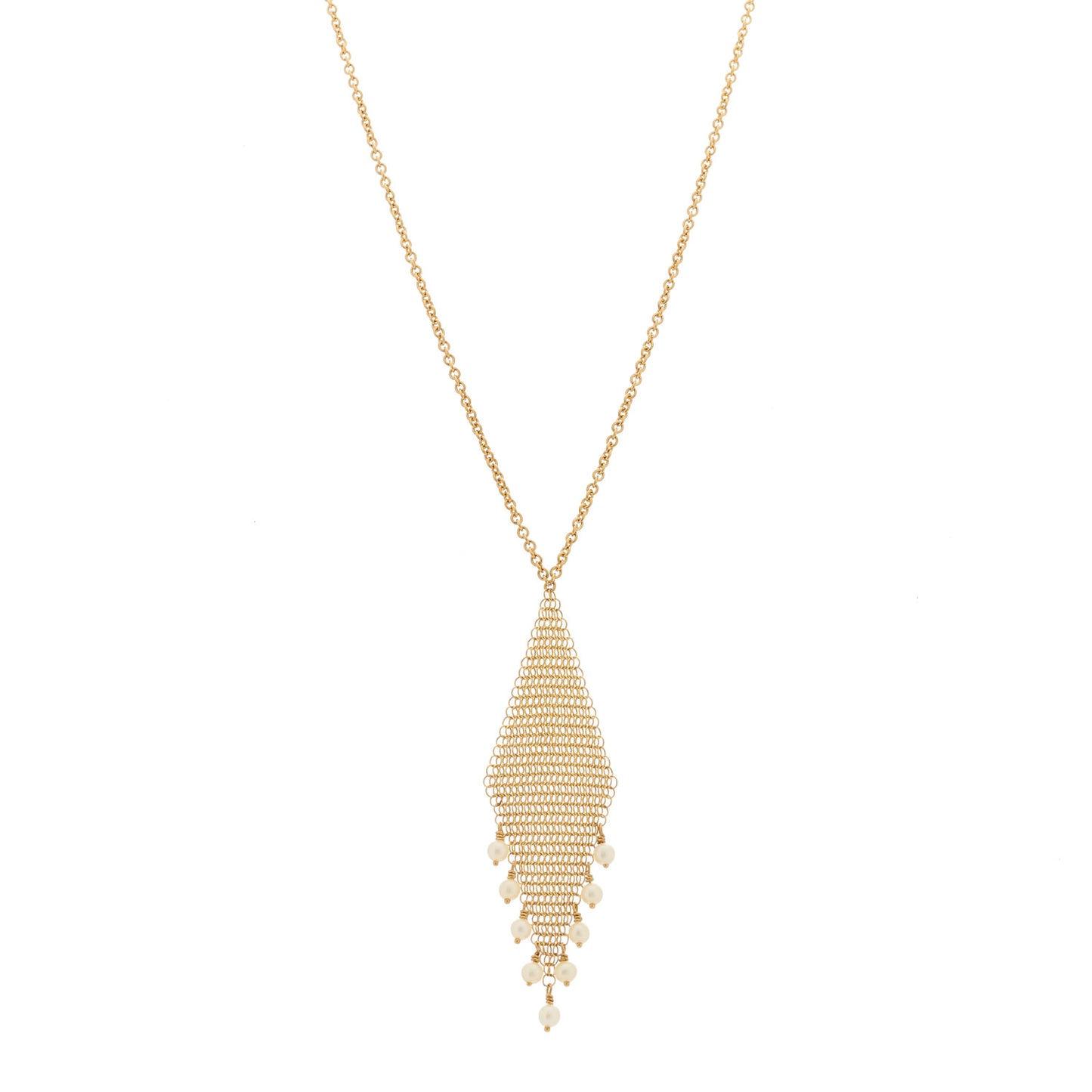 18K Yellow Gold Cultured Pearl Elsa Peretti Mesh Fringe Pendant Necklace