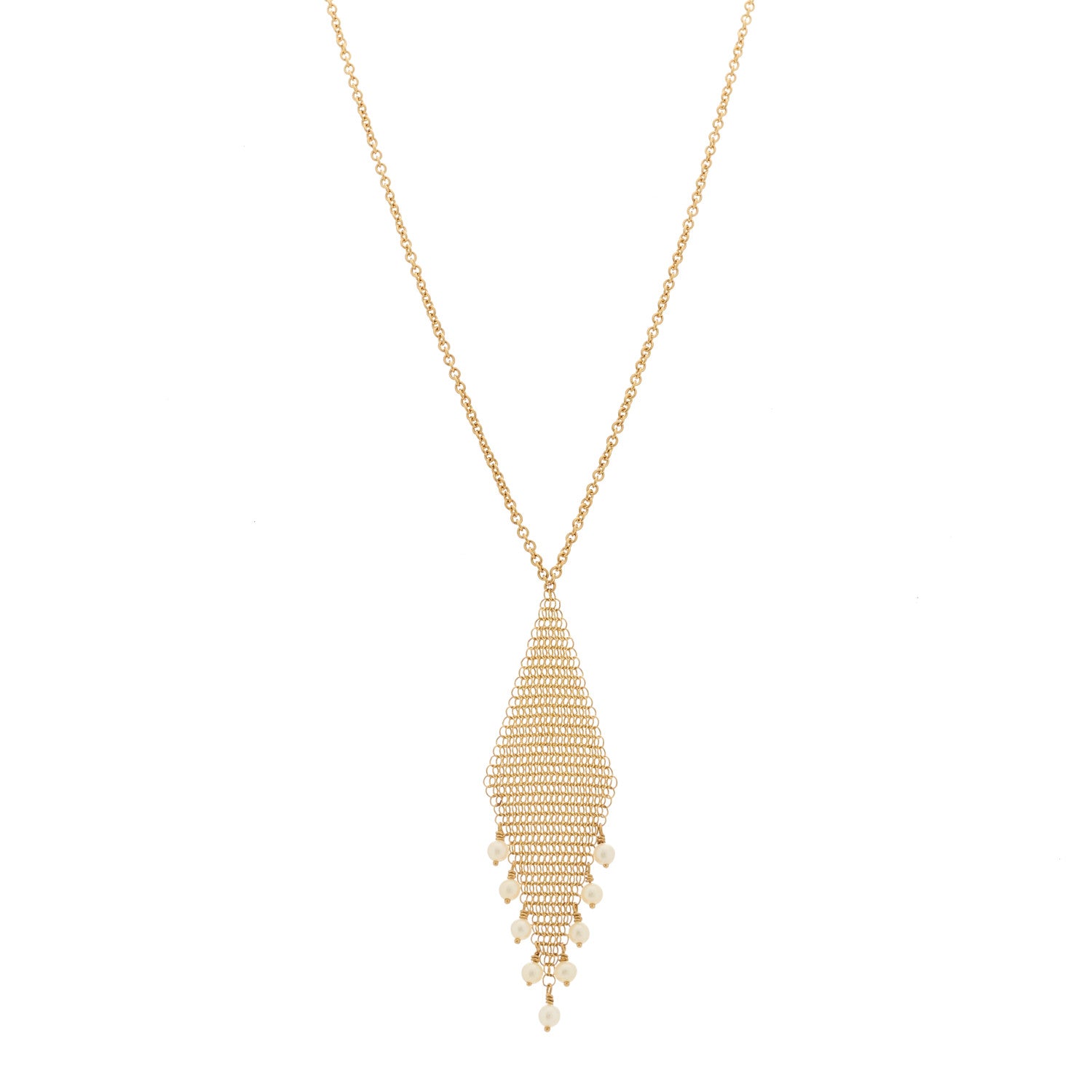 Tiffany 18K Yellow Gold Cultured Pearl Elsa Peretti Mesh Fringe Pendant Necklace 1 of 5