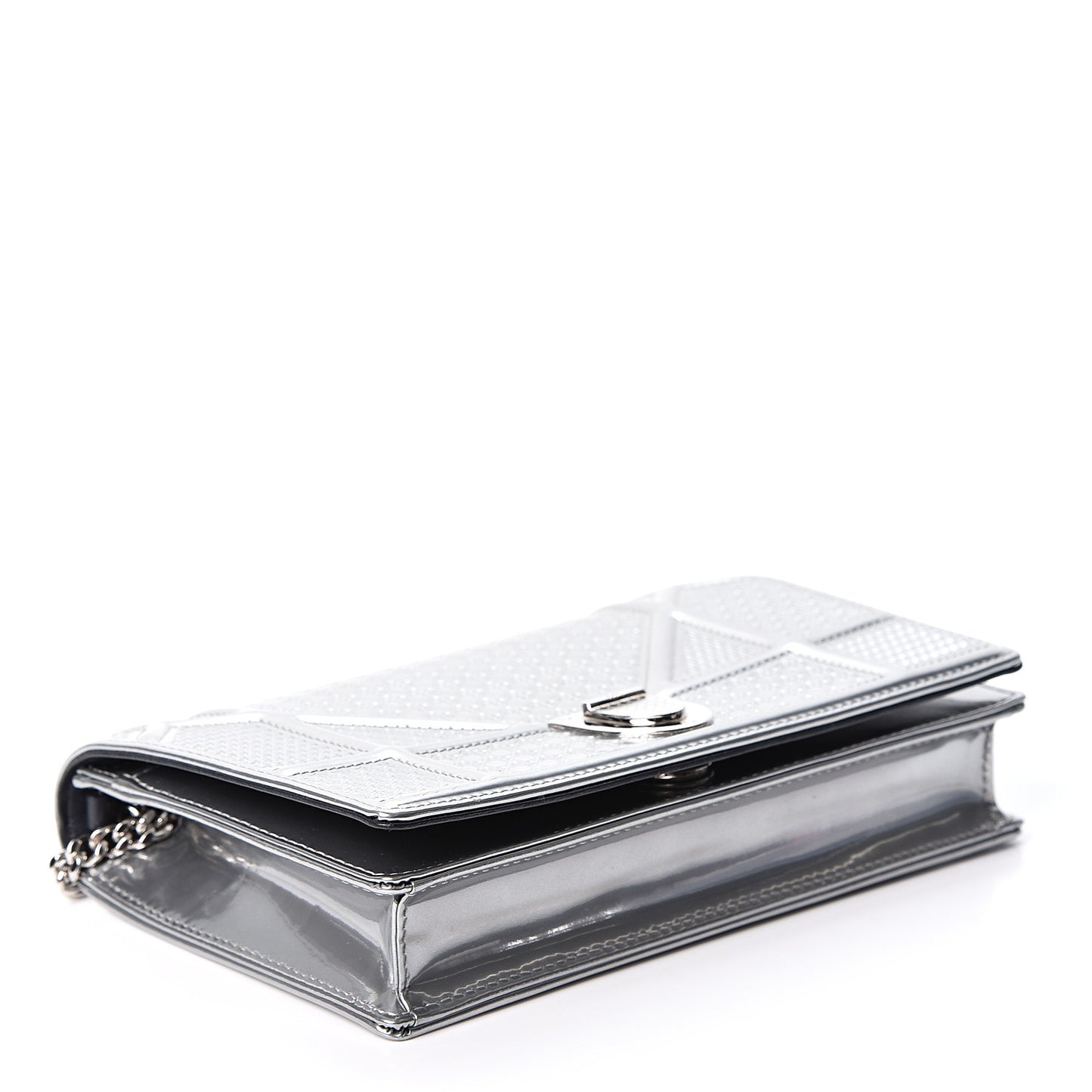 Metallic Patent Micro-Cannage Diorama Wallet on Chain Pouch Silver