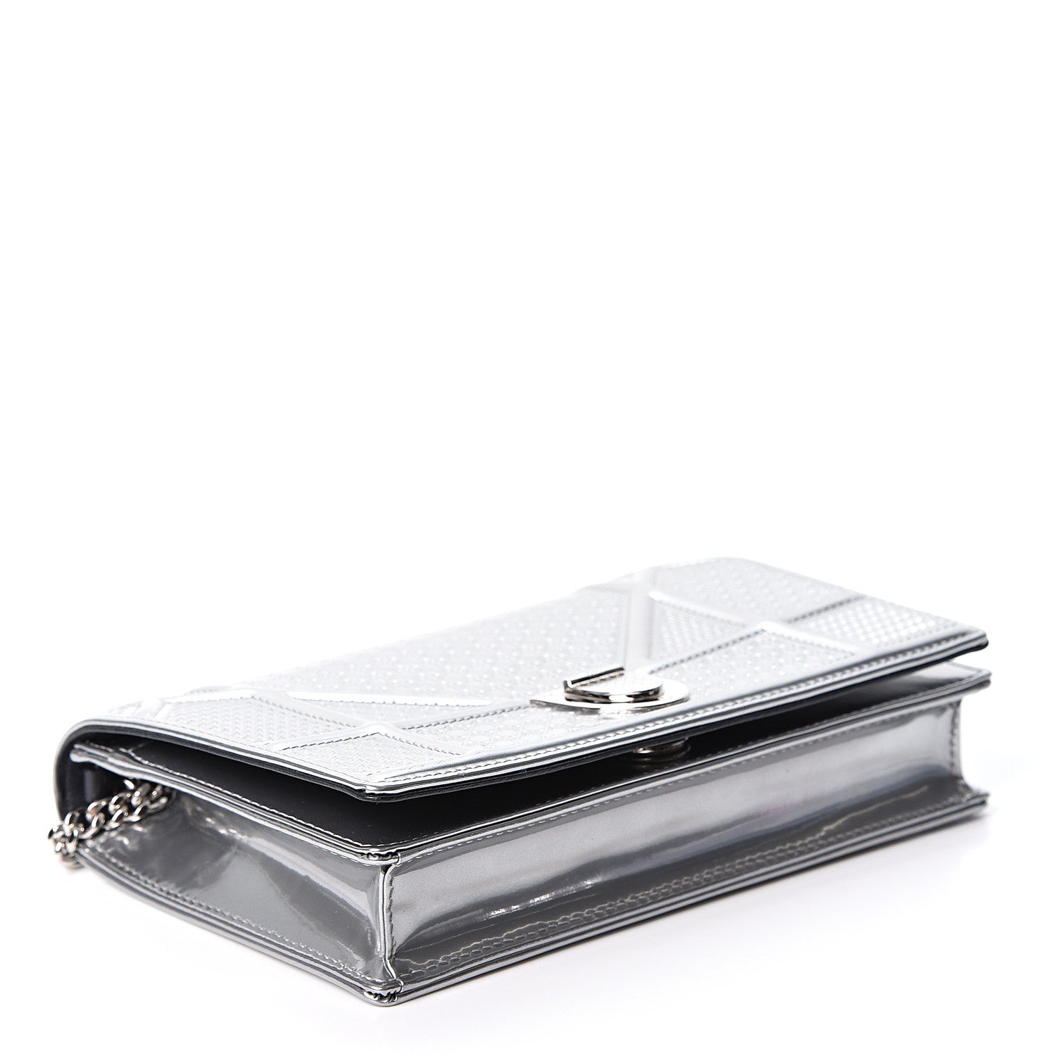 Christian Dior Metallic Patent Micro-Cannage Diorama Wallet on Chain Pouch Silver 3 of 8