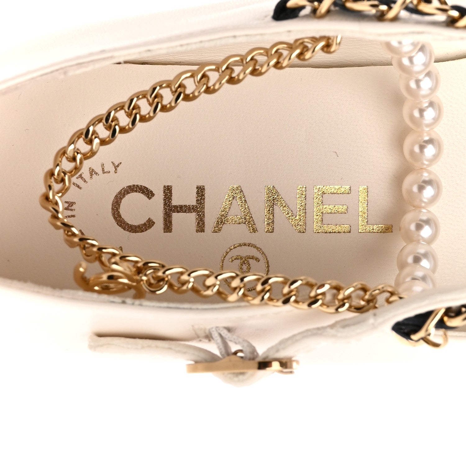 Chanel Shiny Lambskin Pearl Cap Toe Ankle Chain Ballerina Flats 38 White Black 7 of 10