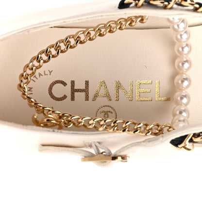 Chanel Shiny Lambskin Pearl Cap Toe Ankle Chain Ballerina Flats 38 White Black 7 of 10