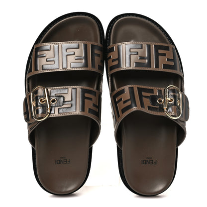 Fendi Calfskin FF Embossed Pearland Slide Sandals 38.5 Tobacco Moro 2 of 8