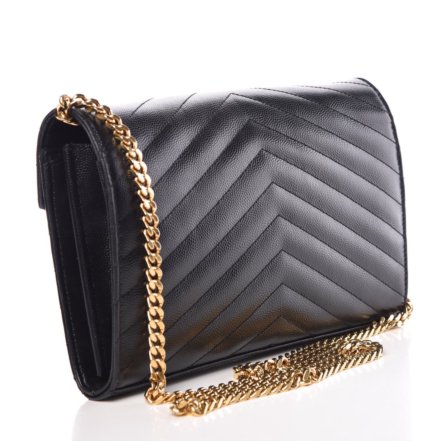 Saint Laurent Grain De Poudre Matelasse Chevron Medium Monogram Chain Wallet Black 3 of 10