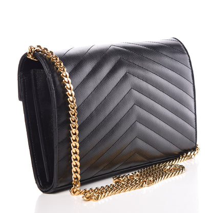 Saint Laurent Grain De Poudre Matelasse Chevron Medium Monogram Chain Wallet Black 3 of 10