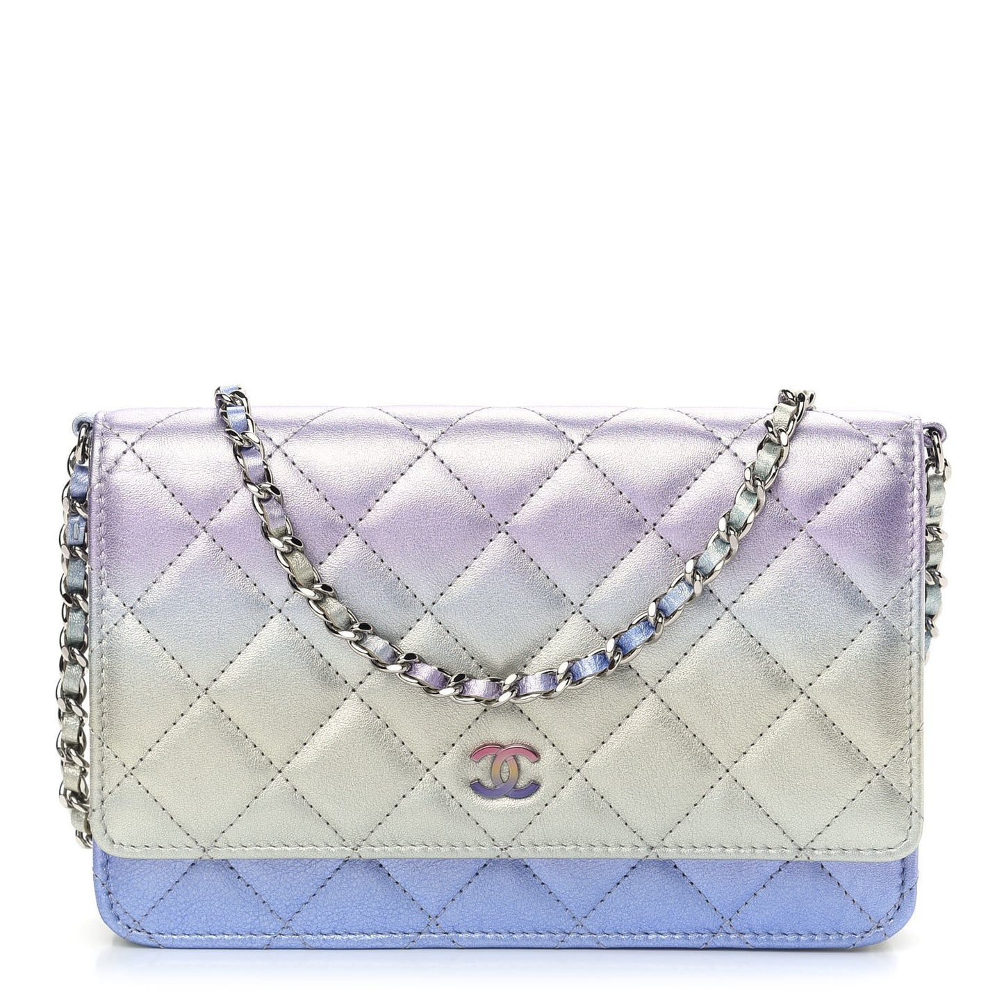 Gradient Metallic Calfskin Quilted Wallet On Chain WOC Silver Blue Yellow Purple