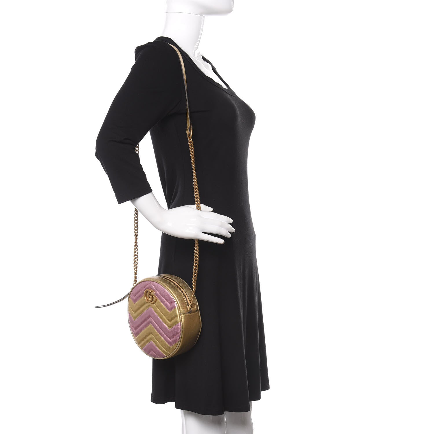 Gucci Metallic Calfskin Matelasse Mini GG Marmont Round Shoulder Bag Gold Pink 2 of 10