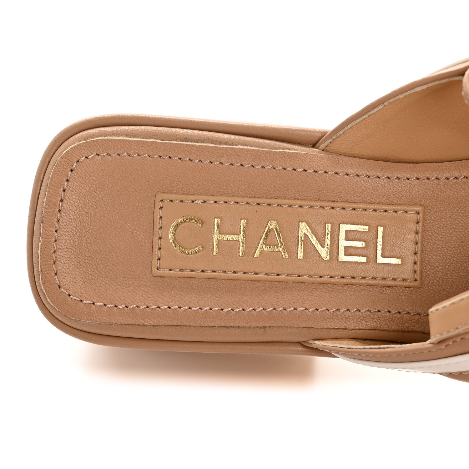 Chanel Lambskin Patent Quilted CC Platform Sandals 36 Beige White